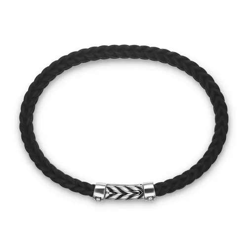 Chevron Bracelet in Black Rubber with Diamonds and Sterling Silver, Size Medium