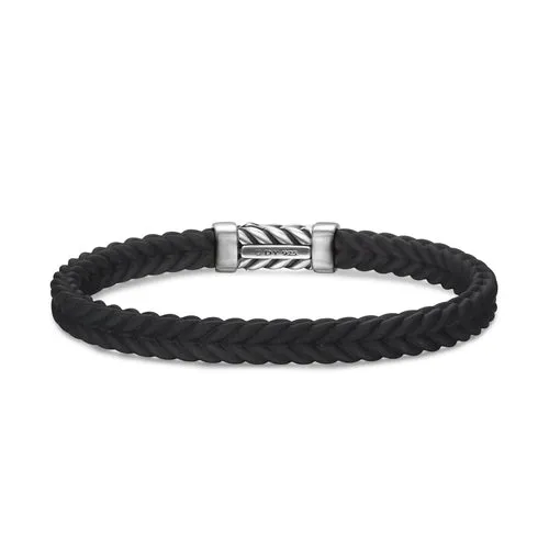 Chevron Bracelet in Black Rubber with Diamonds and Sterling Silver, Size Small