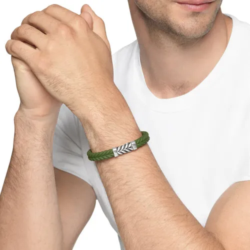 Chevron Bracelet in Green Rubber with Sterling Silver, 9mm, Size Medium