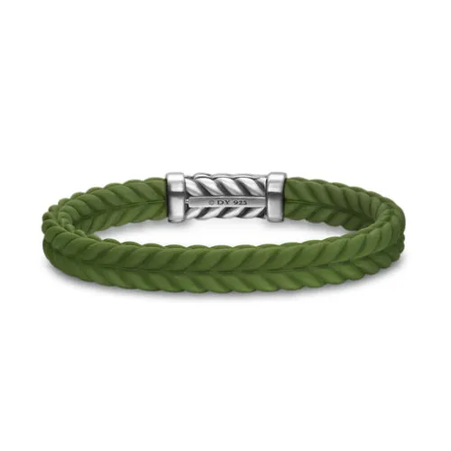 Chevron Bracelet in Green Rubber with Sterling Silver, 9mm, Size Medium