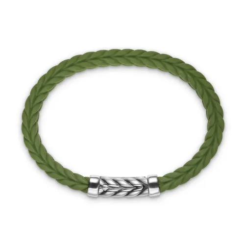 Chevron Bracelet in Green Rubber with Sterling Silver, 9mm, Size Medium