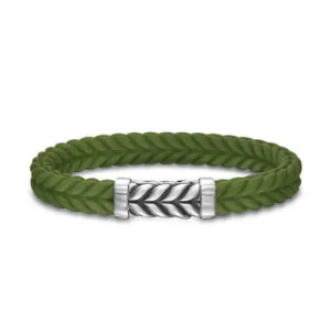 Chevron Bracelet in Green Rubber with Sterling Silver, 9mm, Size Medium
