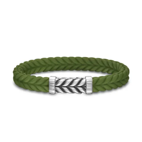 Chevron Bracelet in Green Rubber with Sterling Silver, 9mm, Size Medium
