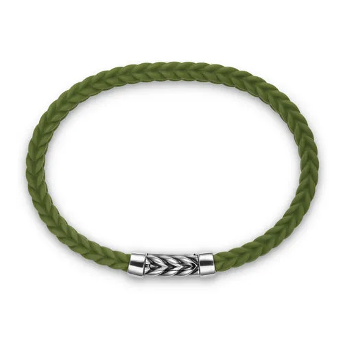 Chevron Bracelet in Green Rubber with Sterling Silver, Size Medium