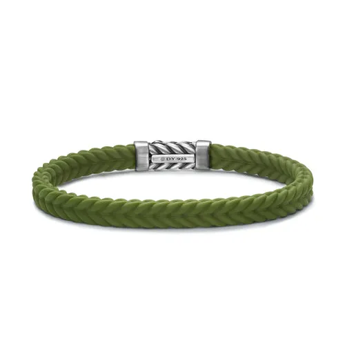 Chevron Bracelet in Green Rubber with Sterling Silver, Size Medium