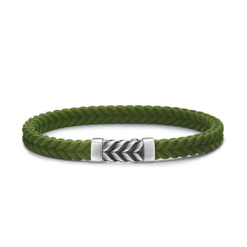 Chevron Bracelet in Green Rubber with Sterling Silver, Size Small