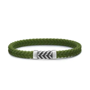 Chevron Bracelet in Green Rubber with Sterling Silver, Size Small