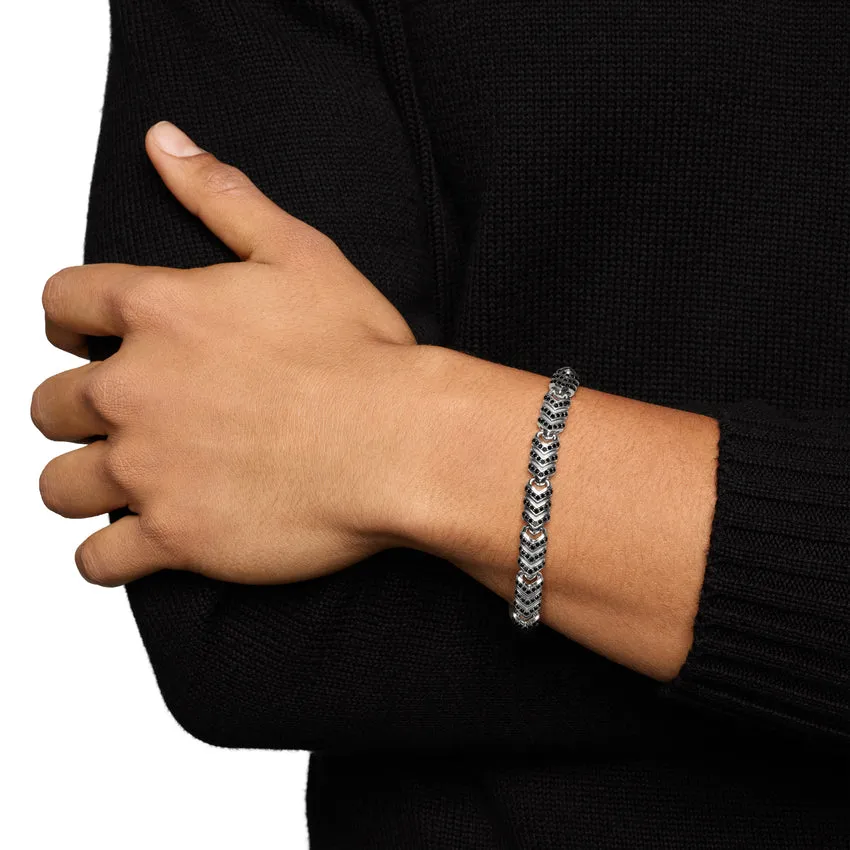 Chevron Link Bracelet in Sterling Silver with Black Diamonds, 7.6mm, Size Medium