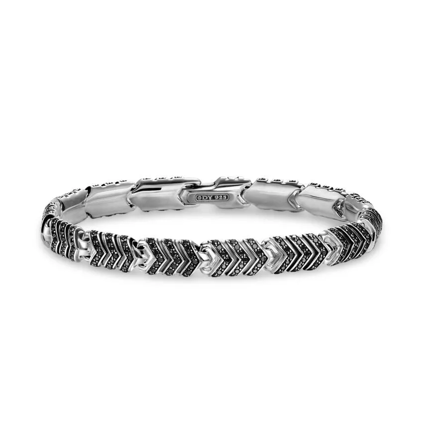 Chevron Link Bracelet in Sterling Silver with Black Diamonds, 7.6mm, Size Medium
