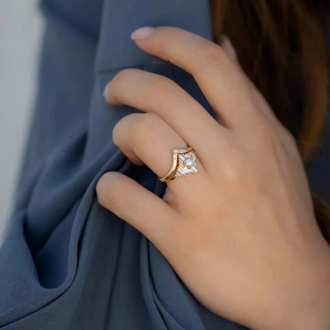 Chevron Ring With Baguette and Carre Diamonds