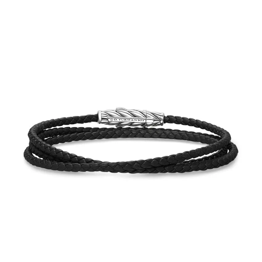 Chevron Triple Wrap Bracelet in Black Leather with Sterling Silver, 3mm, Size Medium