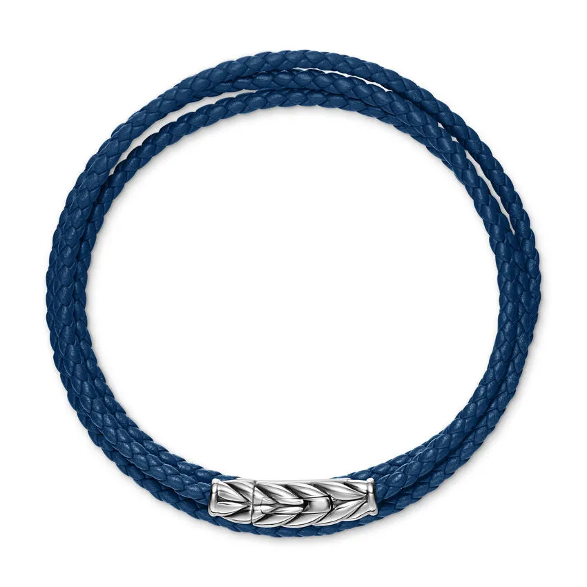 Chevron Triple Wrap Bracelet in Blue Leather with Sterling Silver, 3mm, Size Medium