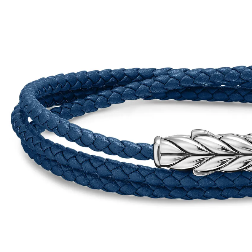 Chevron Triple Wrap Bracelet in Blue Leather with Sterling Silver, 3mm, Size Medium