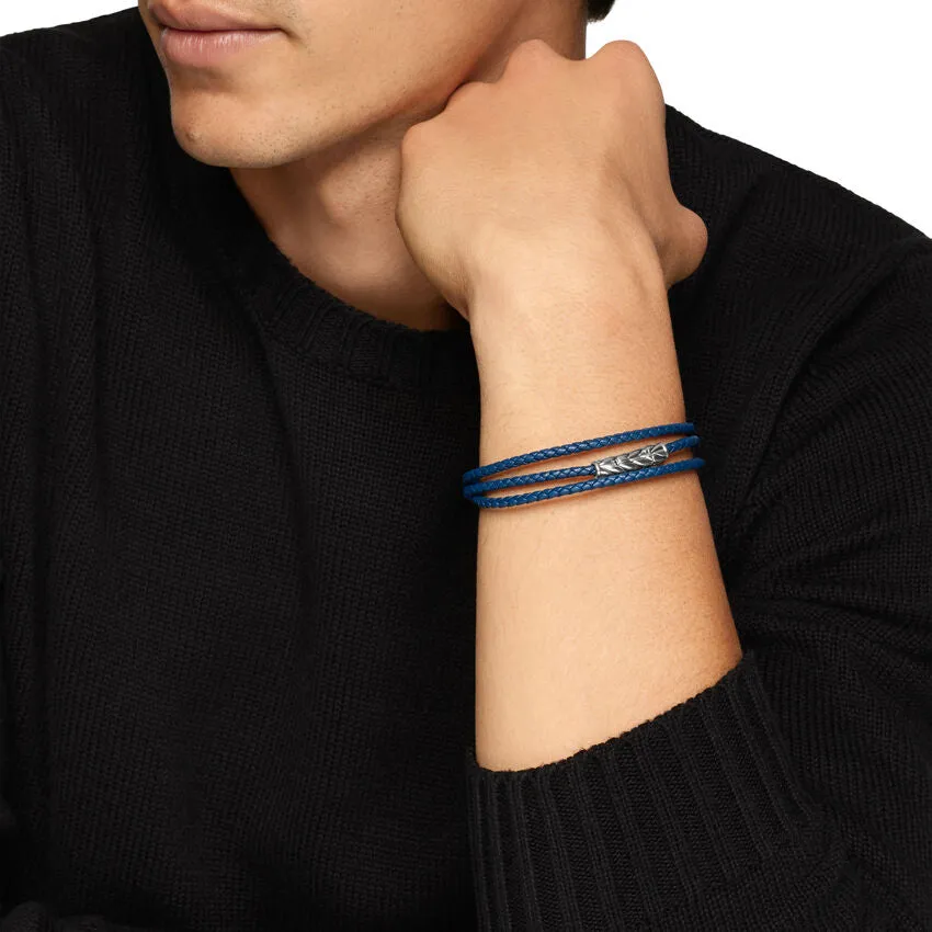 Chevron Triple Wrap Bracelet in Blue Leather with Sterling Silver, 3mm, Size Medium
