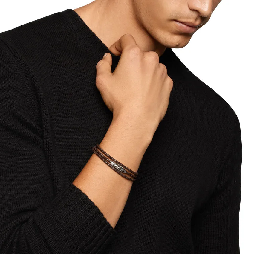 Chevron Triple Wrap Bracelet in Brown Leather with Sterling Silver, 3mm, Size Medium