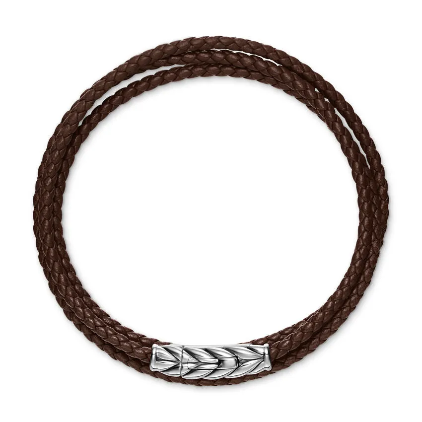 Chevron Triple Wrap Bracelet in Brown Leather with Sterling Silver, 3mm, Size Medium