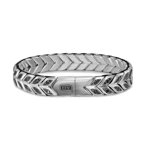 Chevron Woven Bracelet in Sterling Silver with Black Diamonds, 12mm, Size Medium