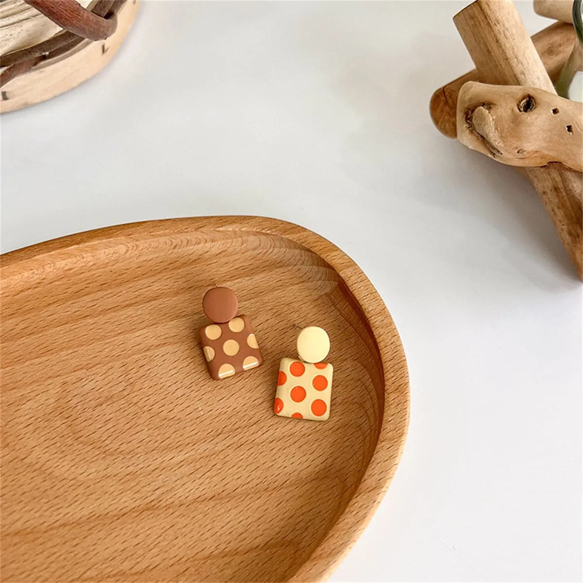Coffee Enamel & Silver-Plated Spot Square Drop Earrings