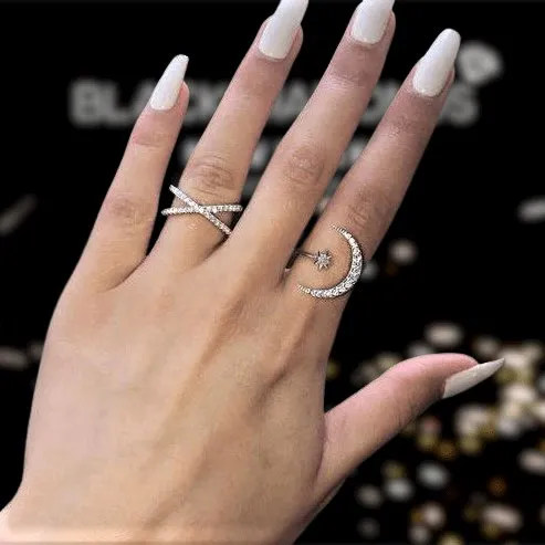 Crescent Moon & Star Adjustable Open Ring