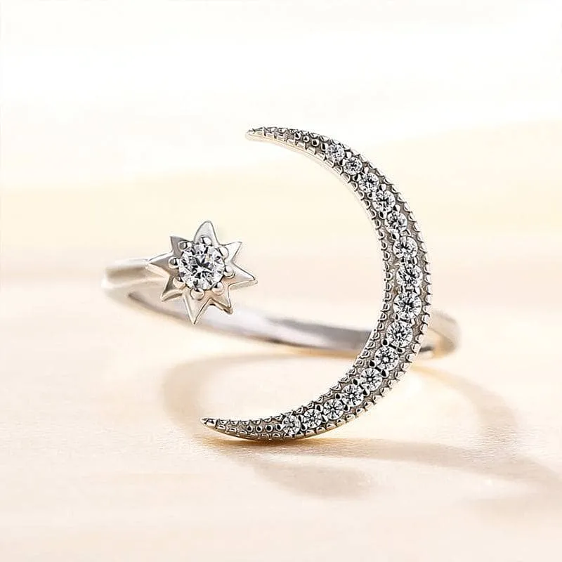 Crescent Moon & Star Adjustable Open Ring