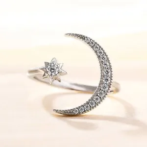 Crescent Moon & Star Adjustable Open Ring
