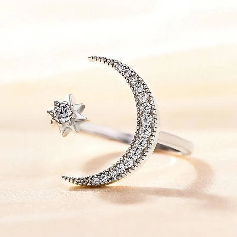 Crescent Moon & Star Adjustable Open Ring