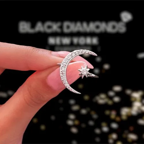 Crescent Moon & Star Adjustable Open Ring