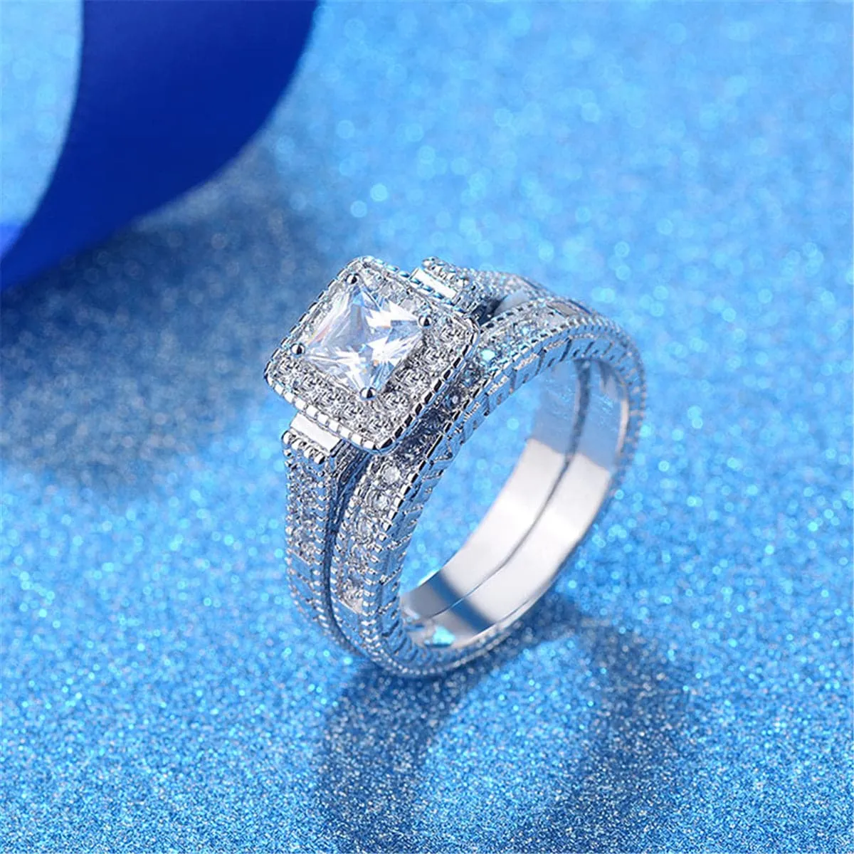 Crystal & Cubic Zirconia Princess-Cut Halo Band & Ring Set
