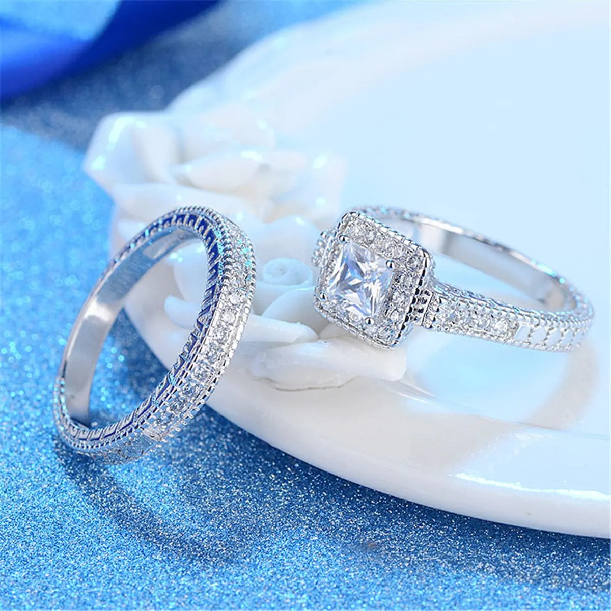 Crystal & Cubic Zirconia Princess-Cut Halo Band & Ring Set