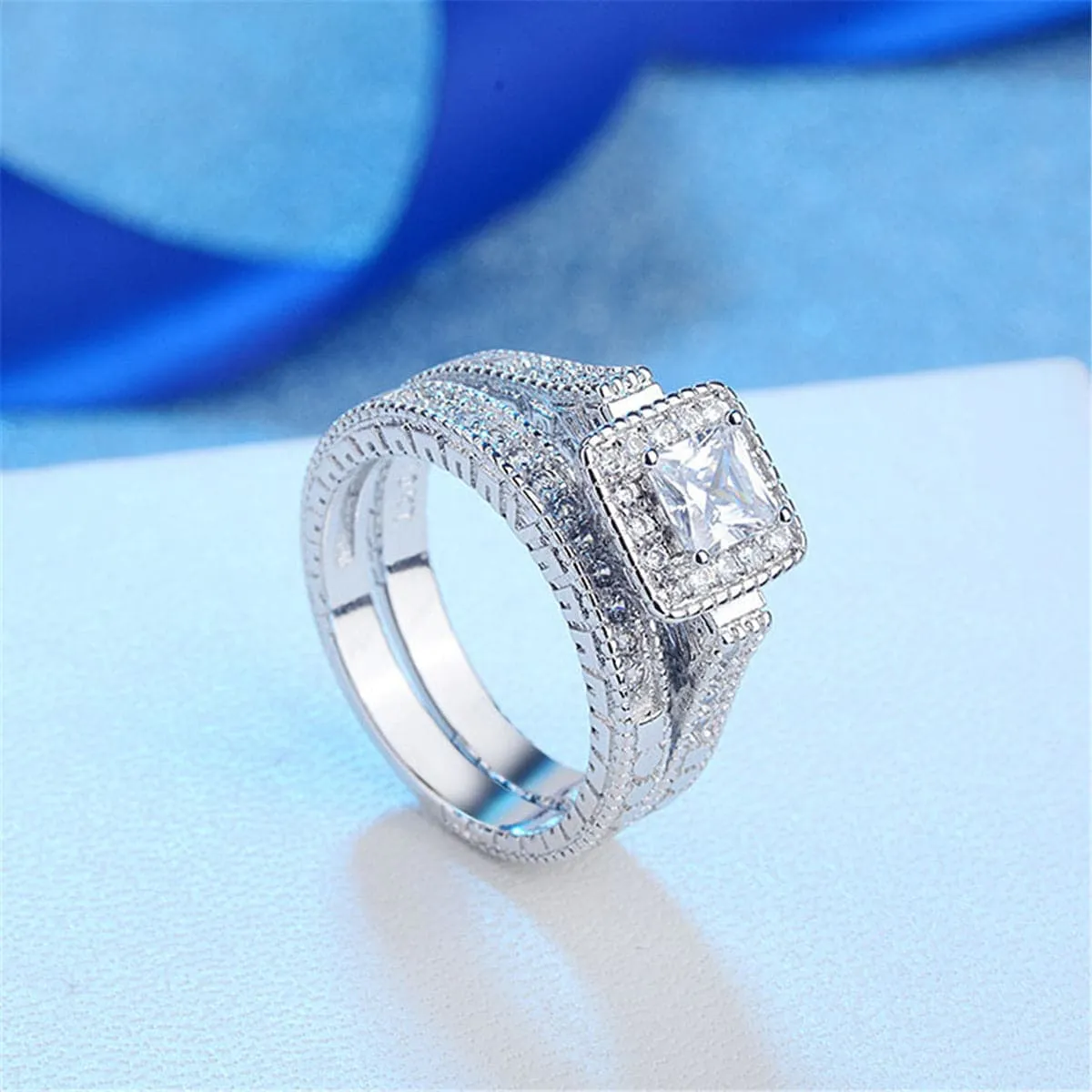 Crystal & Cubic Zirconia Princess-Cut Halo Band & Ring Set
