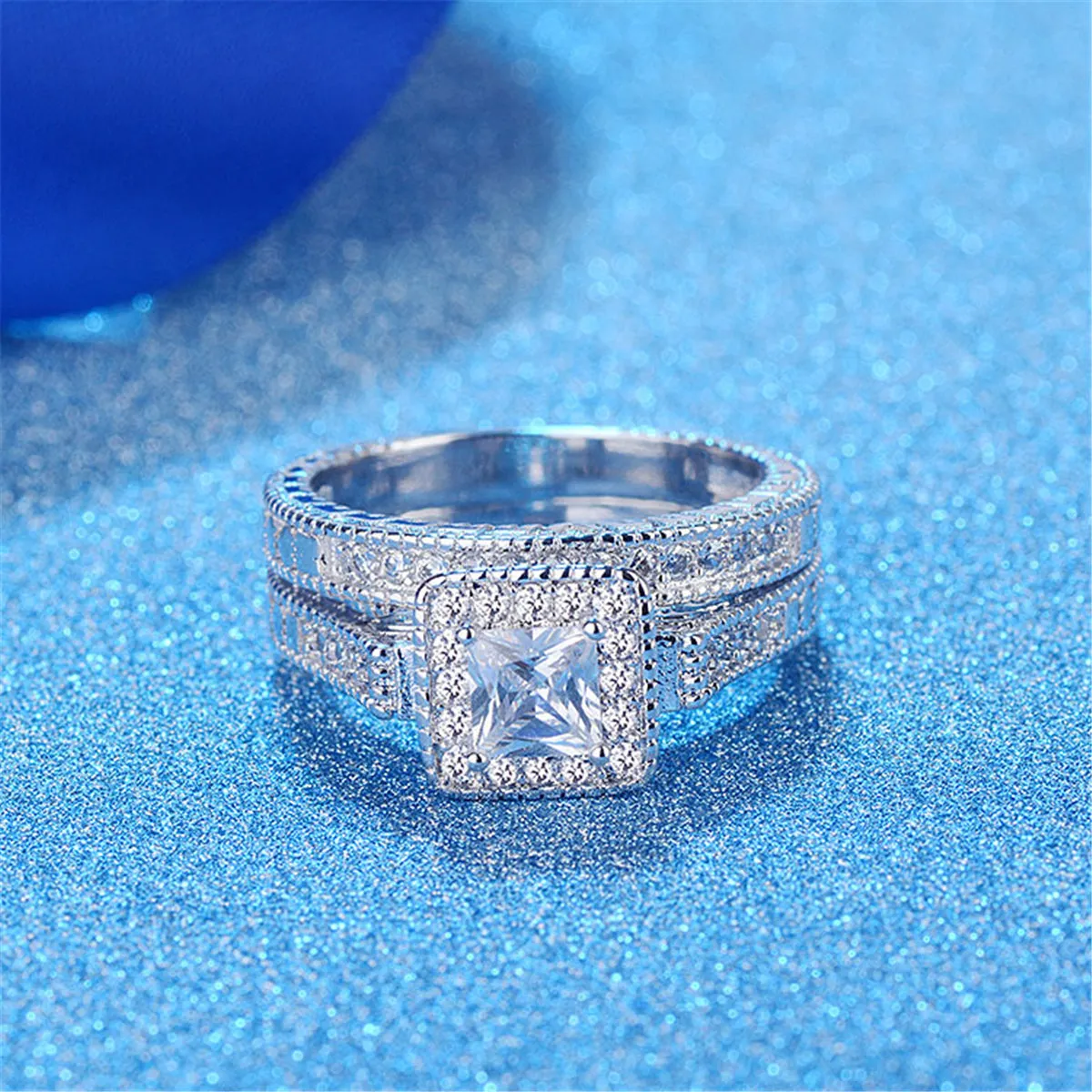 Crystal & Cubic Zirconia Princess-Cut Halo Band & Ring Set