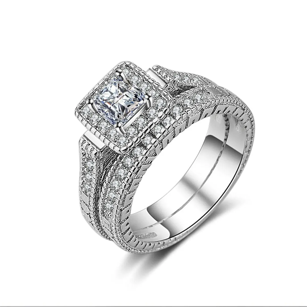 Crystal & Cubic Zirconia Princess-Cut Halo Band & Ring Set