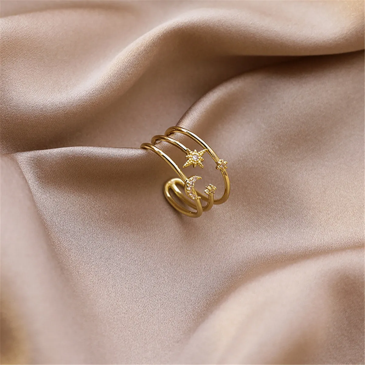 Cubic Zirconia & 18K Gold-Plated Celestial Layered Open Ring