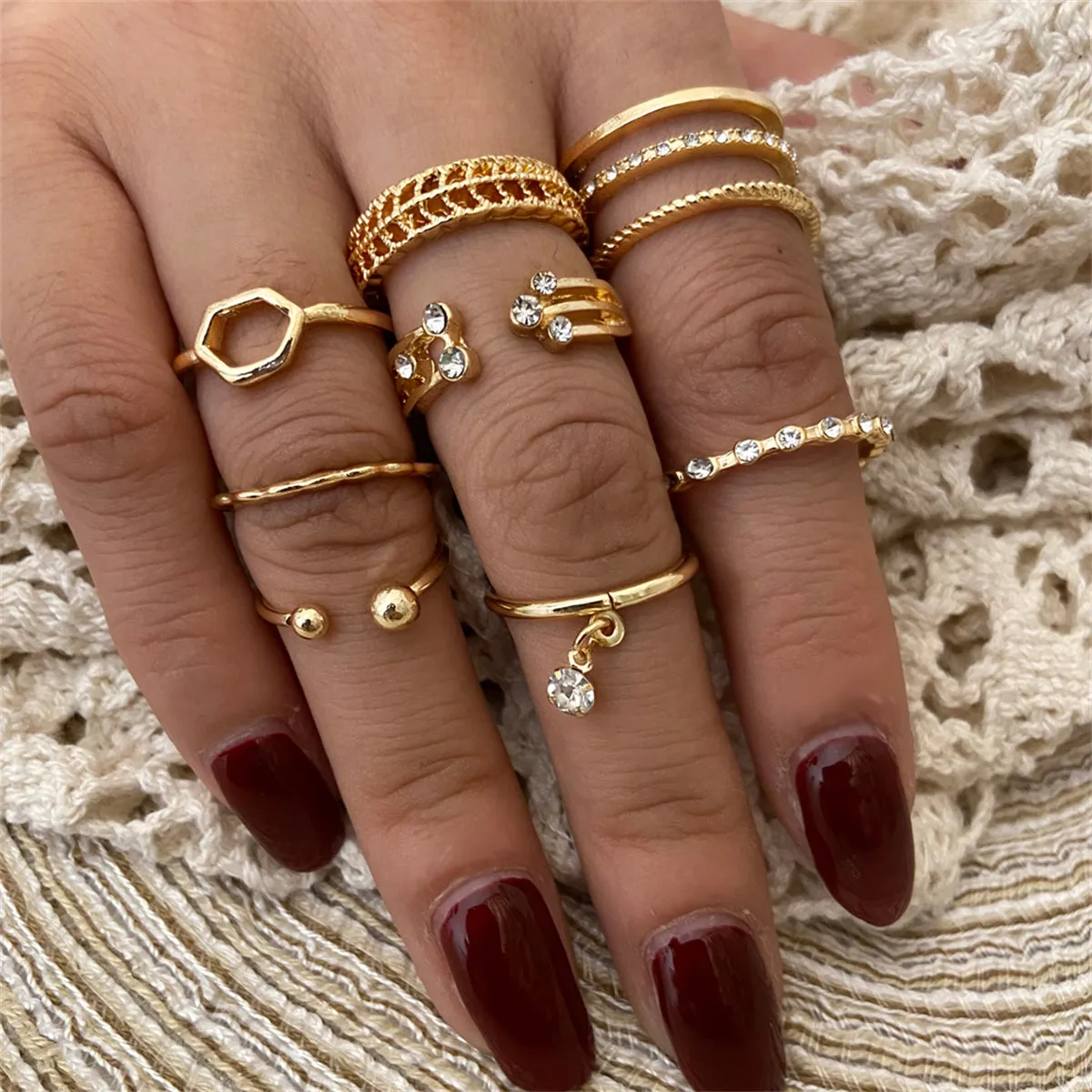 Cubic Zirconia & 18K Gold-Plated Openwork Bypass Ring Set