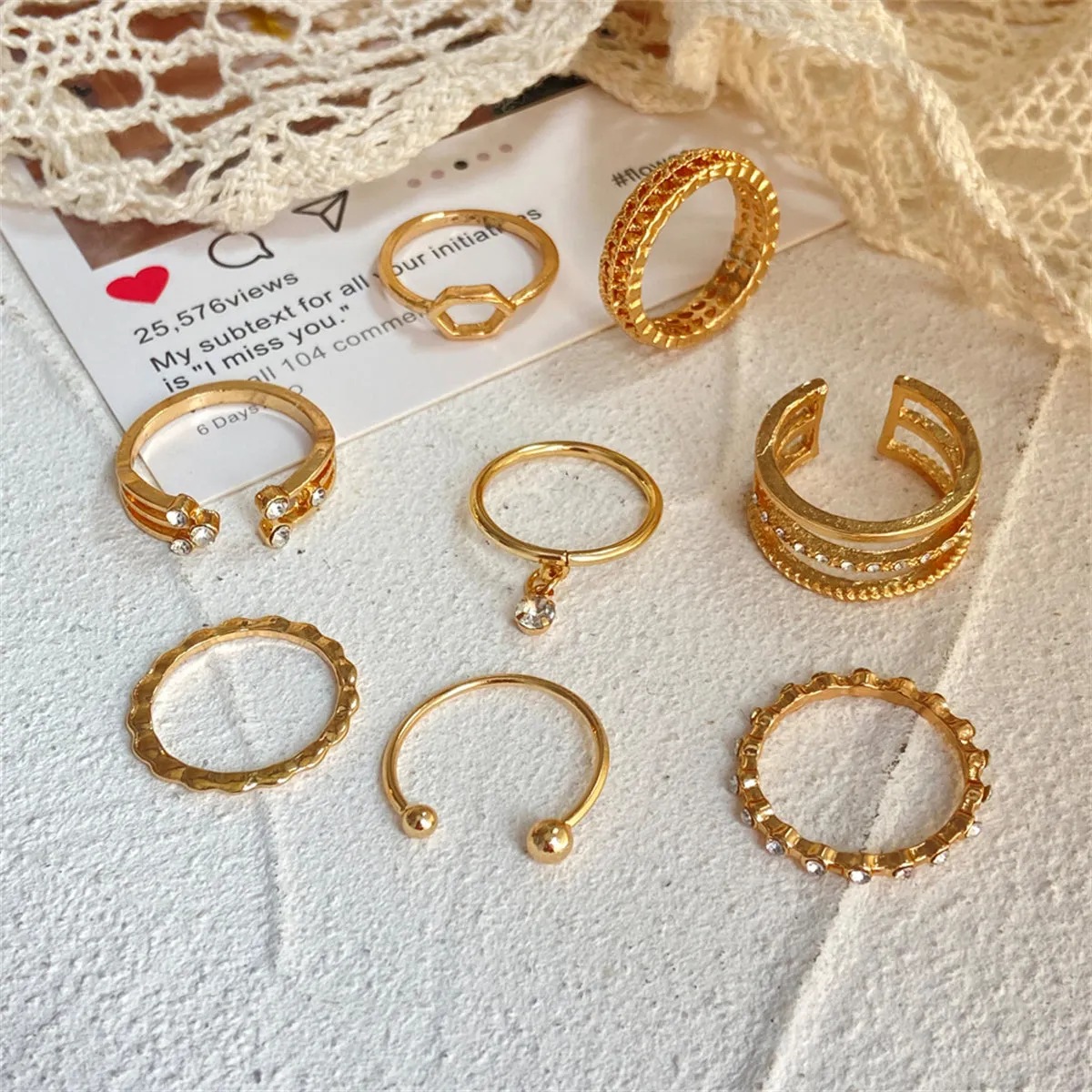 Cubic Zirconia & 18K Gold-Plated Openwork Bypass Ring Set
