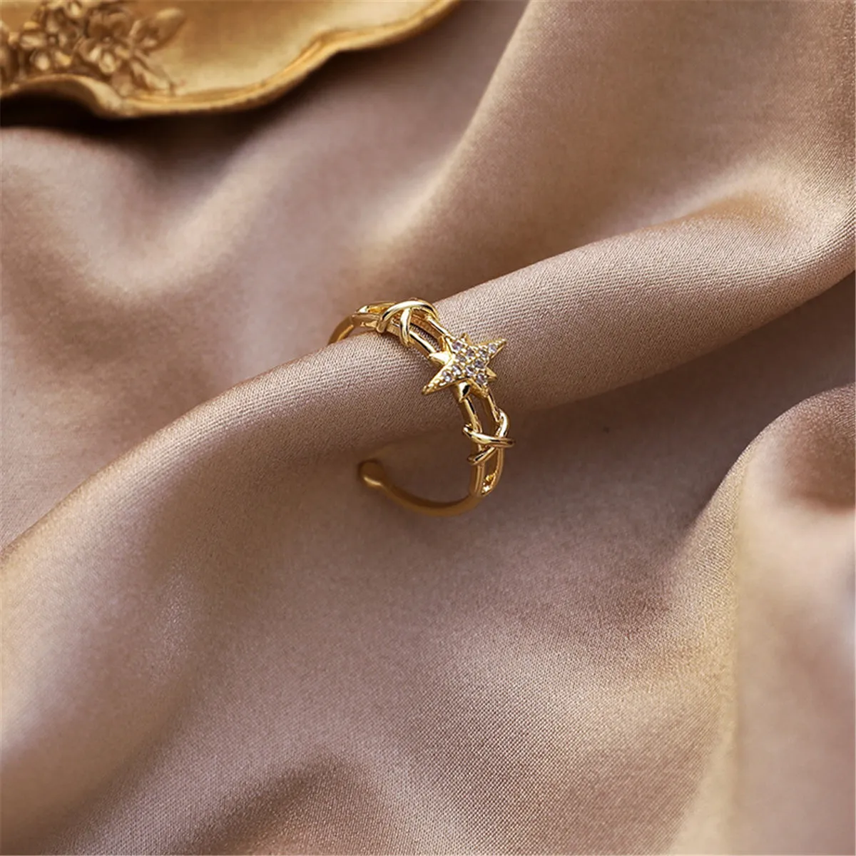 Cubic Zirconia & 18K Gold-Plated Star Open-Band Ring
