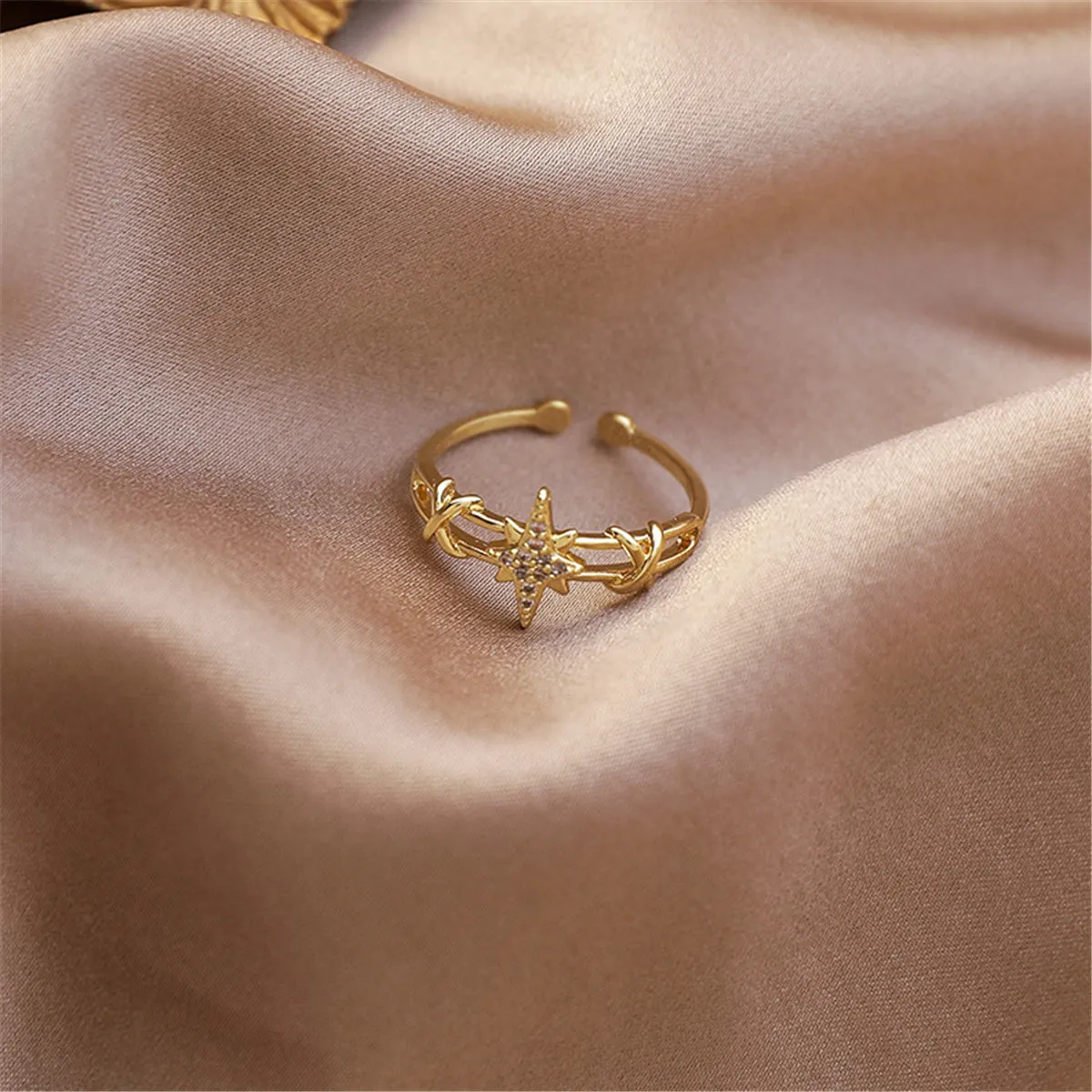 Cubic Zirconia & 18K Gold-Plated Star Open-Band Ring