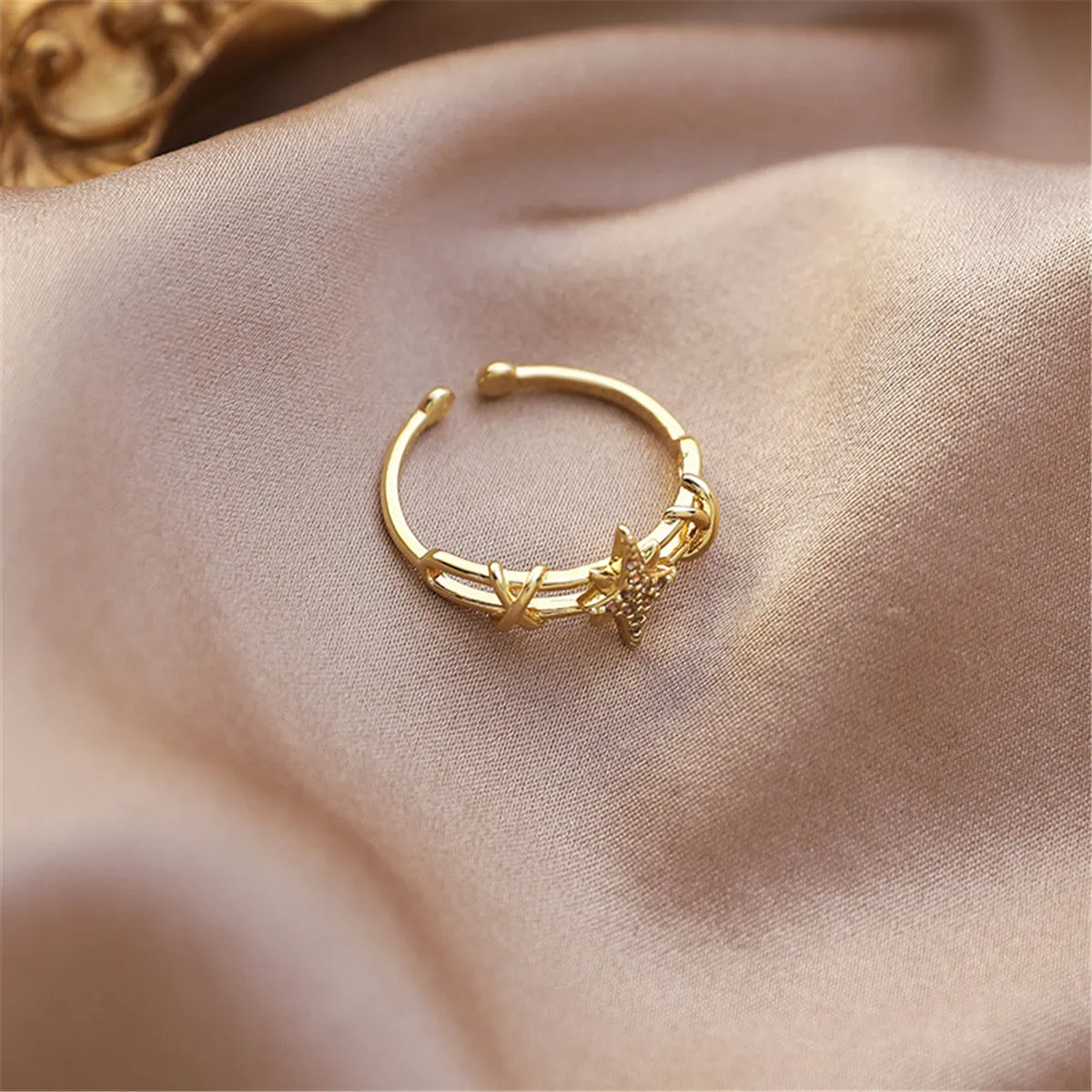 Cubic Zirconia & 18K Gold-Plated Star Open-Band Ring