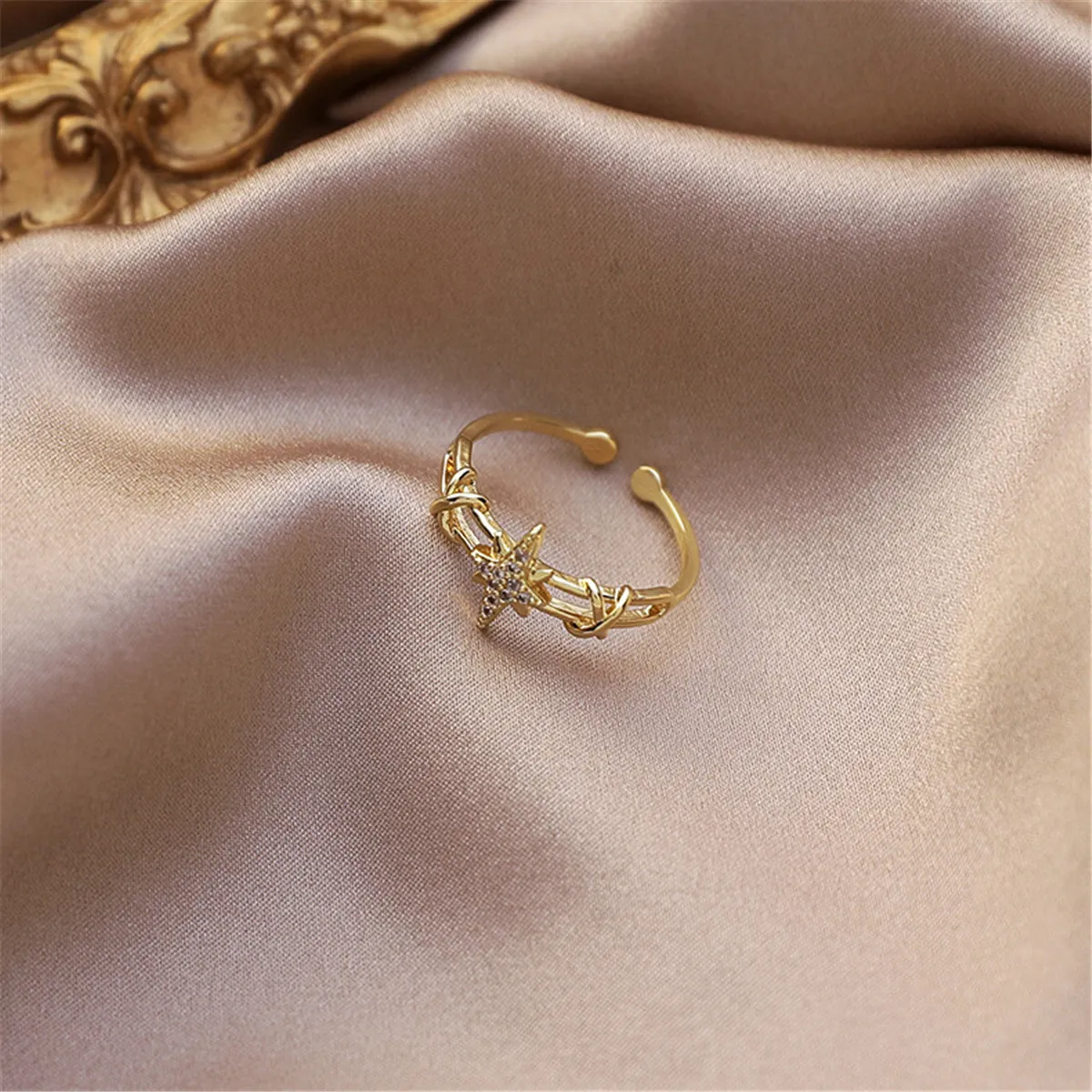 Cubic Zirconia & 18K Gold-Plated Star Open-Band Ring