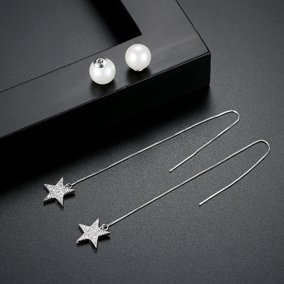 Cubic Zirconia & Pearl Silver-Plated Star Threader Earrings