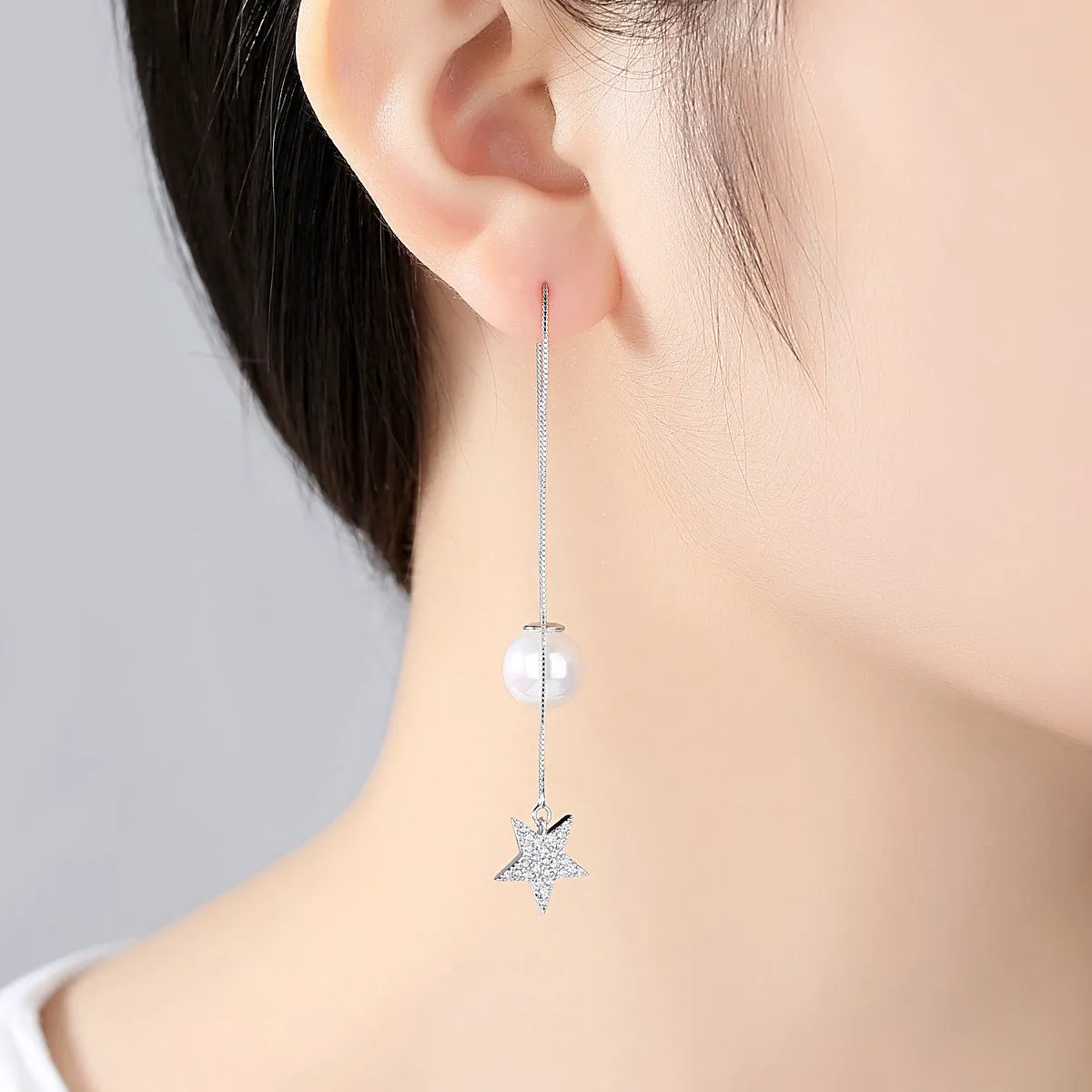 Cubic Zirconia & Pearl Silver-Plated Star Threader Earrings