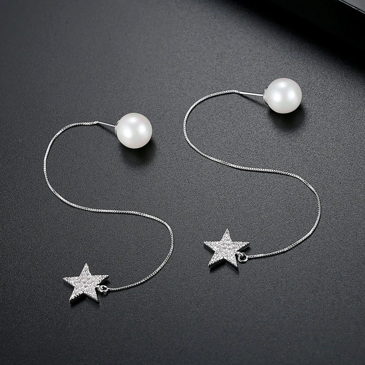 Cubic Zirconia & Pearl Silver-Plated Star Threader Earrings