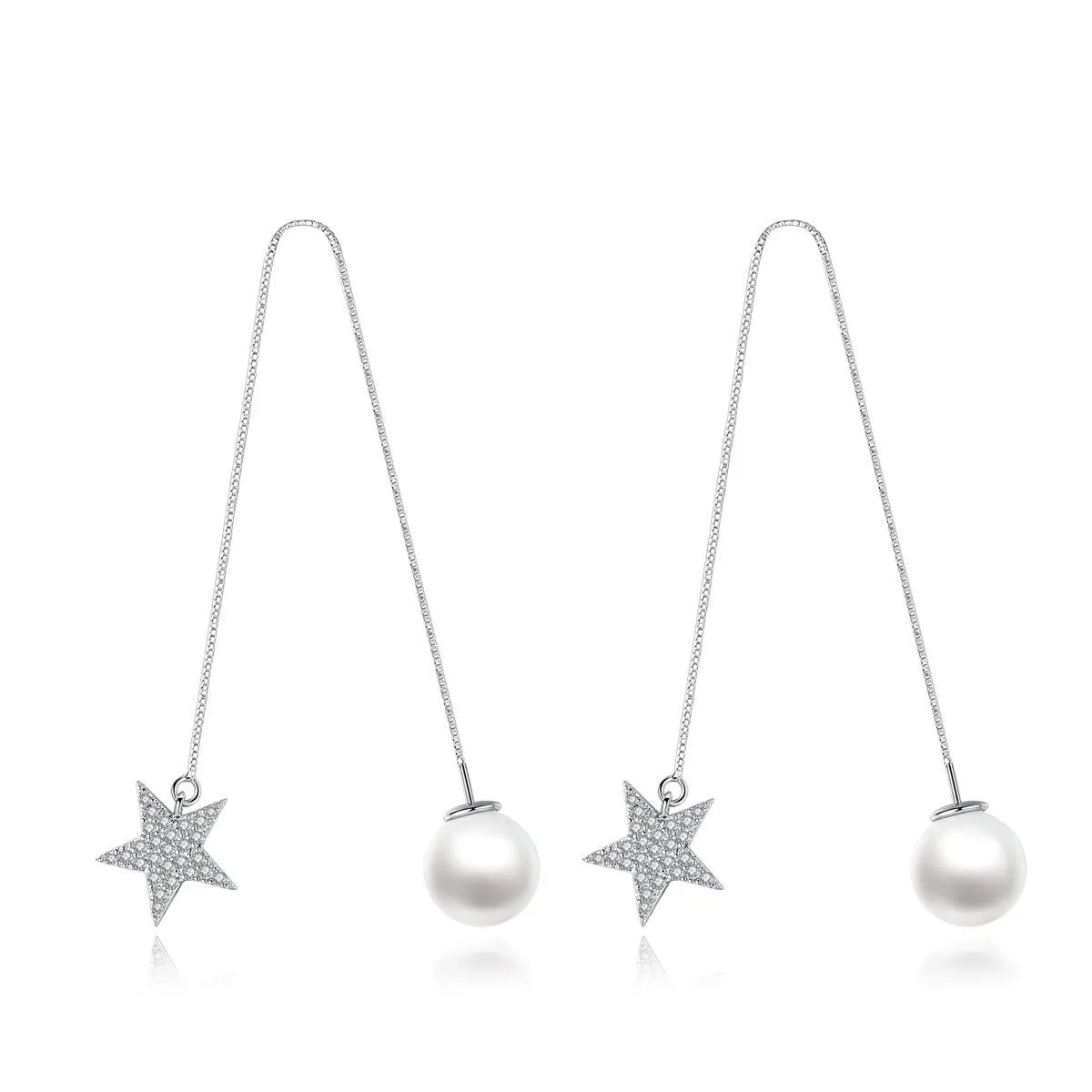 Cubic Zirconia & Pearl Silver-Plated Star Threader Earrings