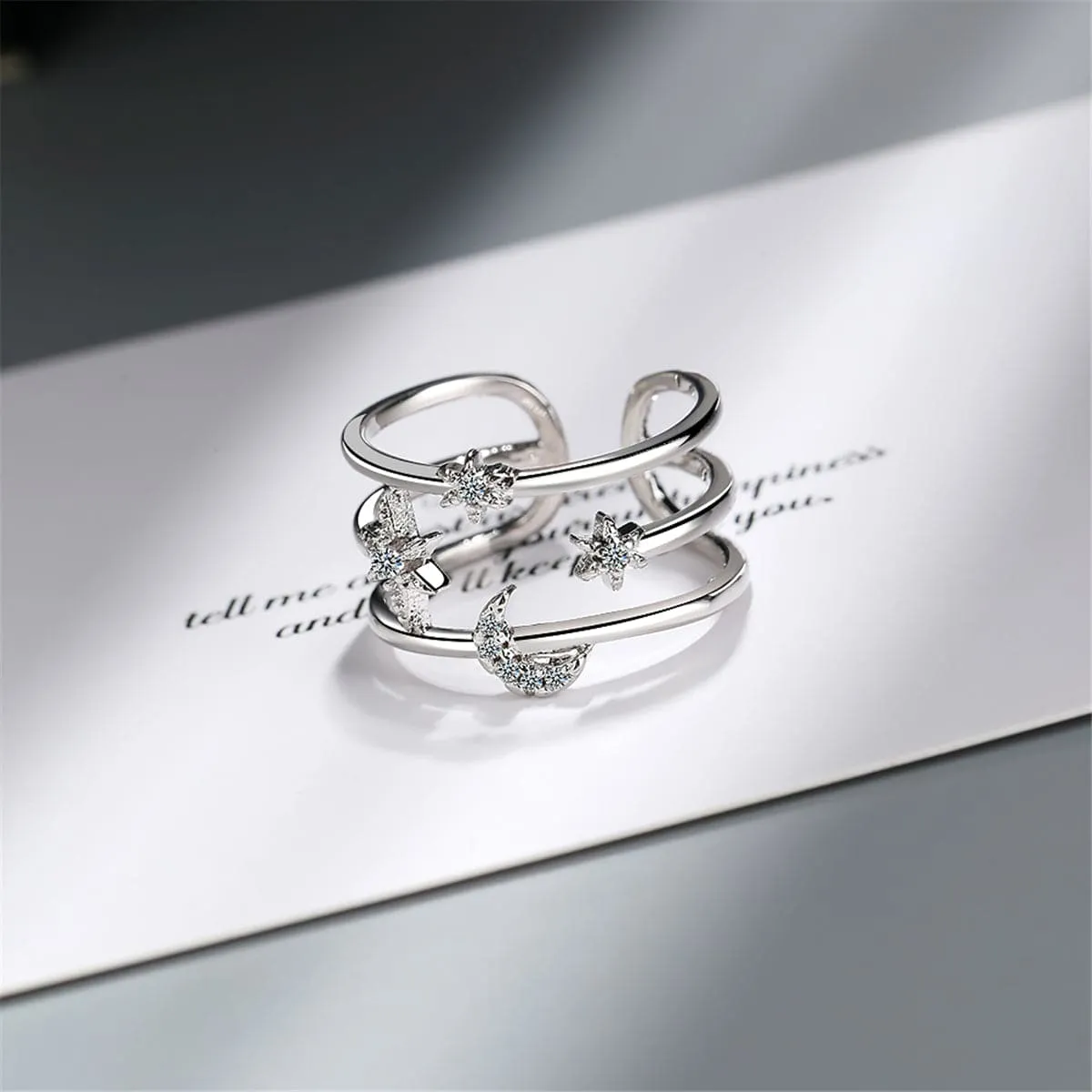 Cubic Zirconia & Silver-Plated Moon & Sun Open Ring