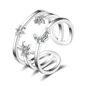 Cubic Zirconia & Silver-Plated Moon & Sun Open Ring