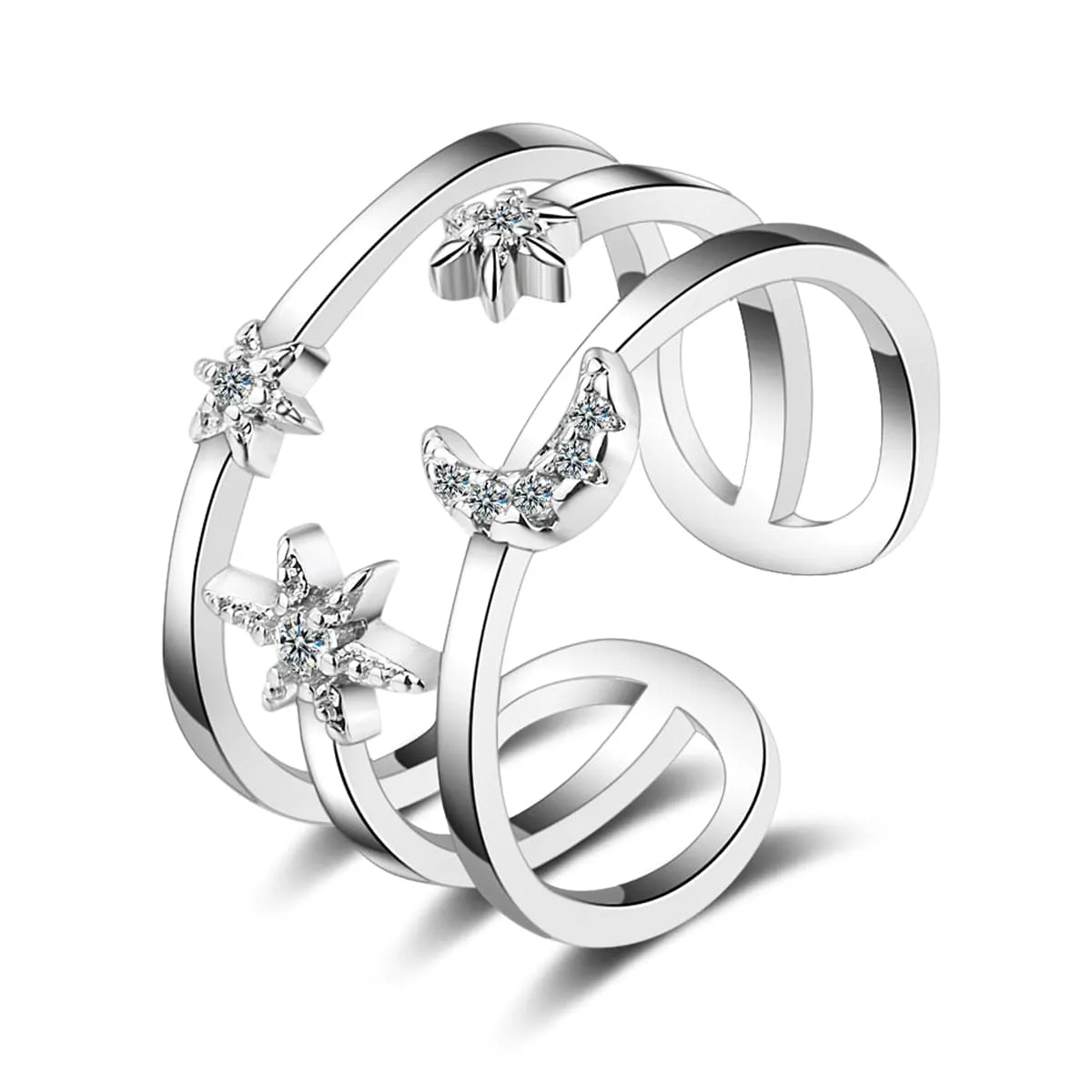 Cubic Zirconia & Silver-Plated Moon & Sun Open Ring