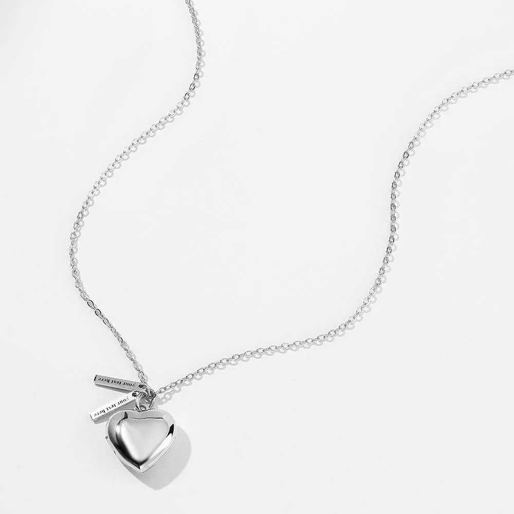 Custom Heart Photo Locket Necklace with Two Engraved Bars
