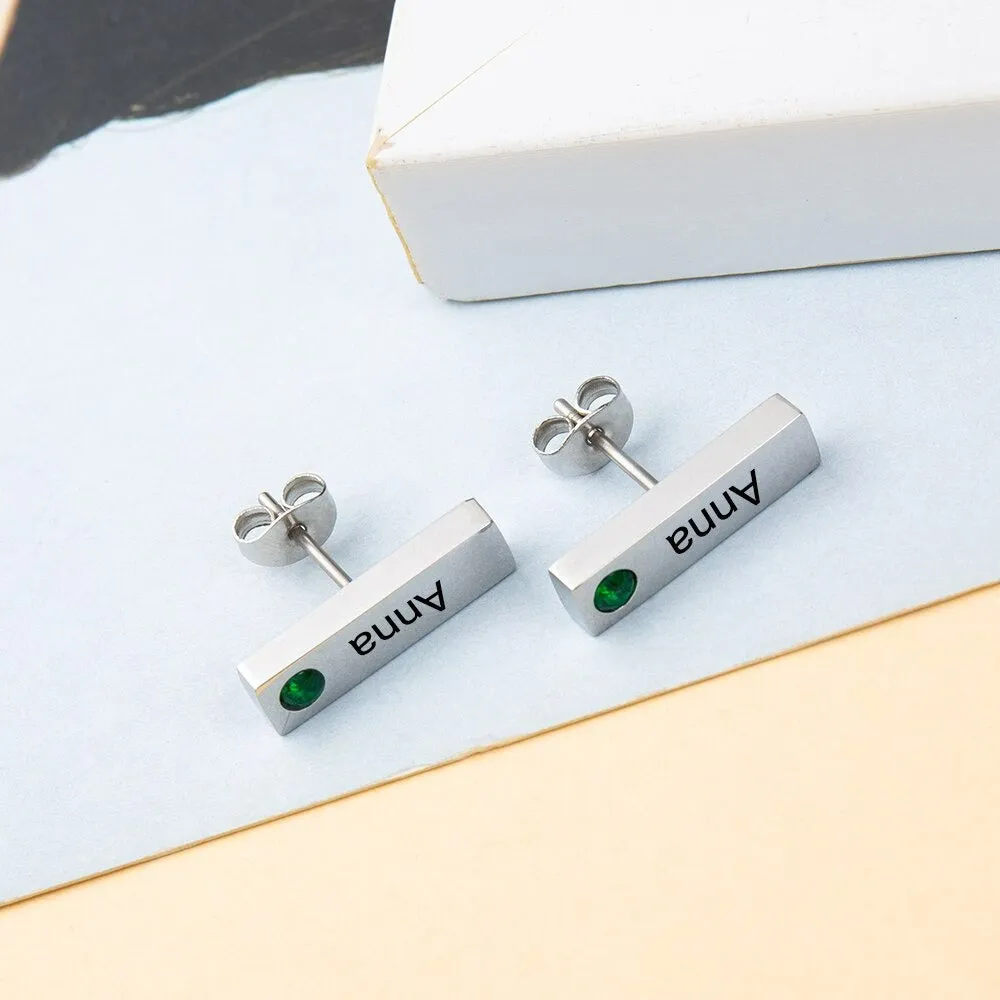 Customize 1 Name 1 Stone Engraved Stud Earrings