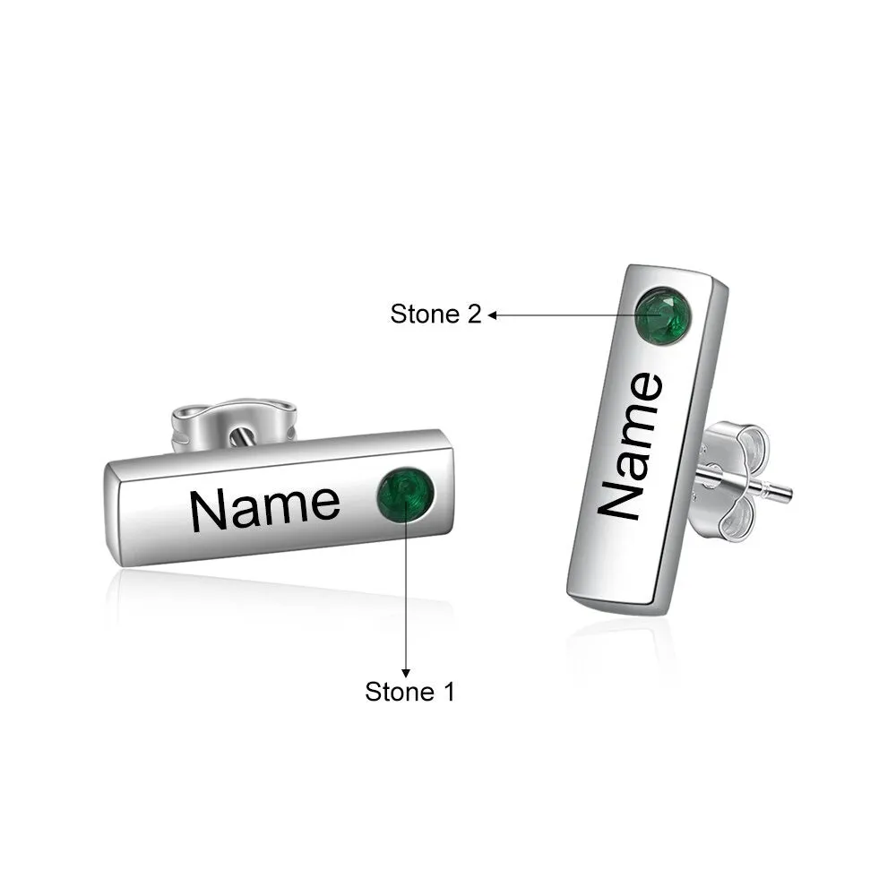 Customize 1 Name 1 Stone Engraved Stud Earrings