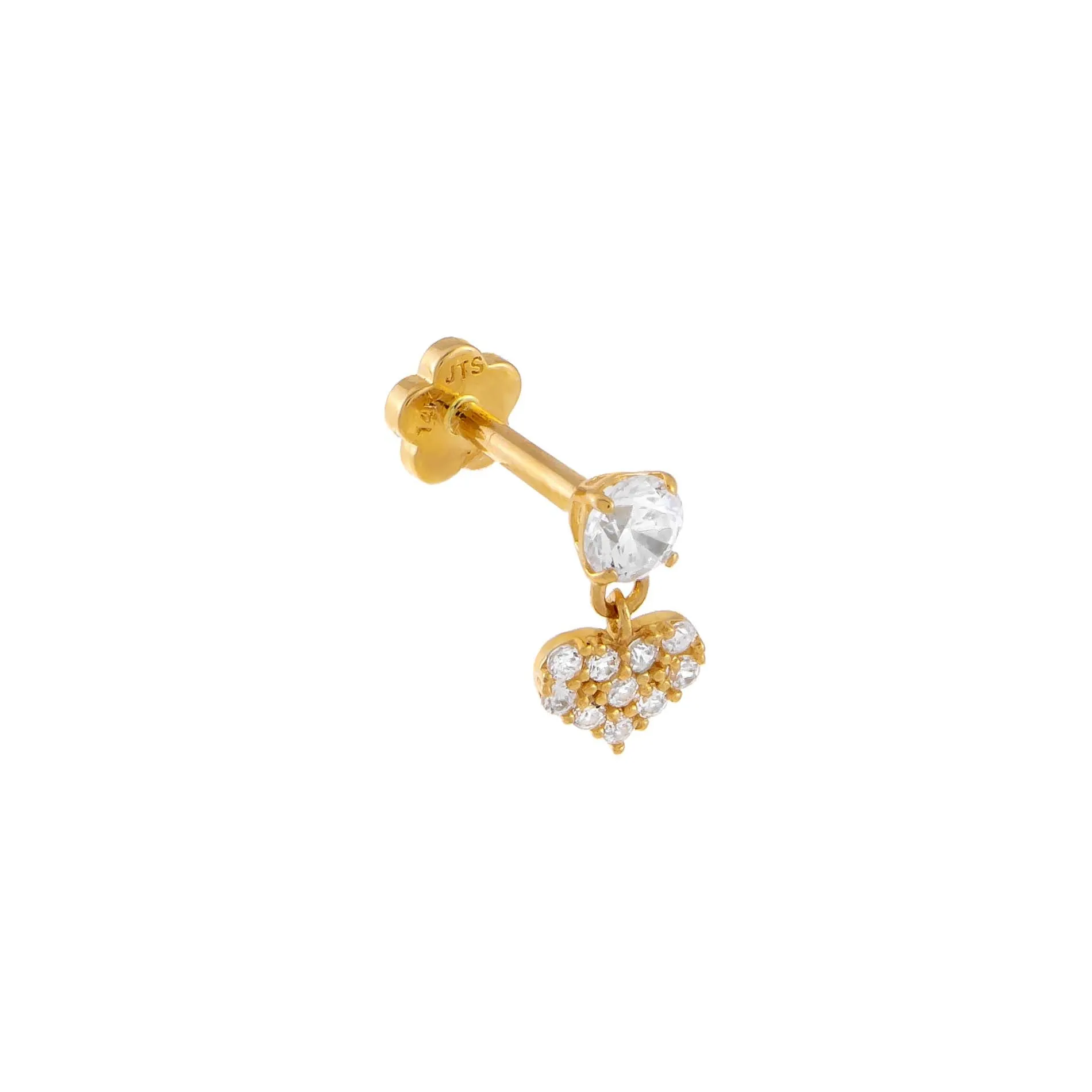 CZ Heart x Solitaire Threaded Stud Earring 14K